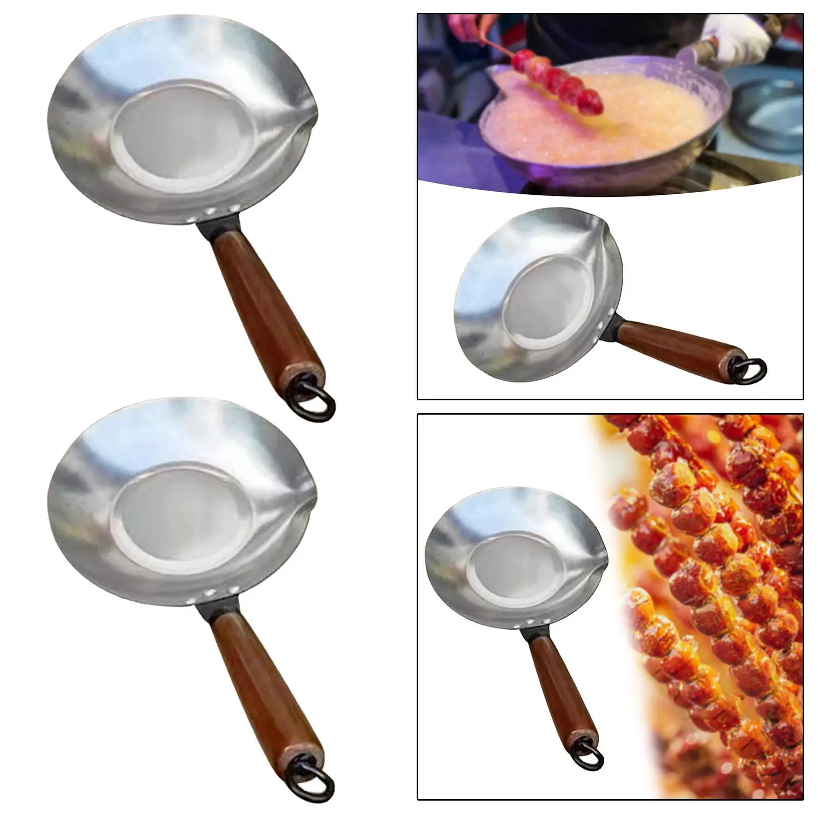 Sugar Pan Wok with Pour Spout with Wooden Handle Sugar Dipping Pan for Chocolate Cooking Tanghulu Making Candied Haws Snacks