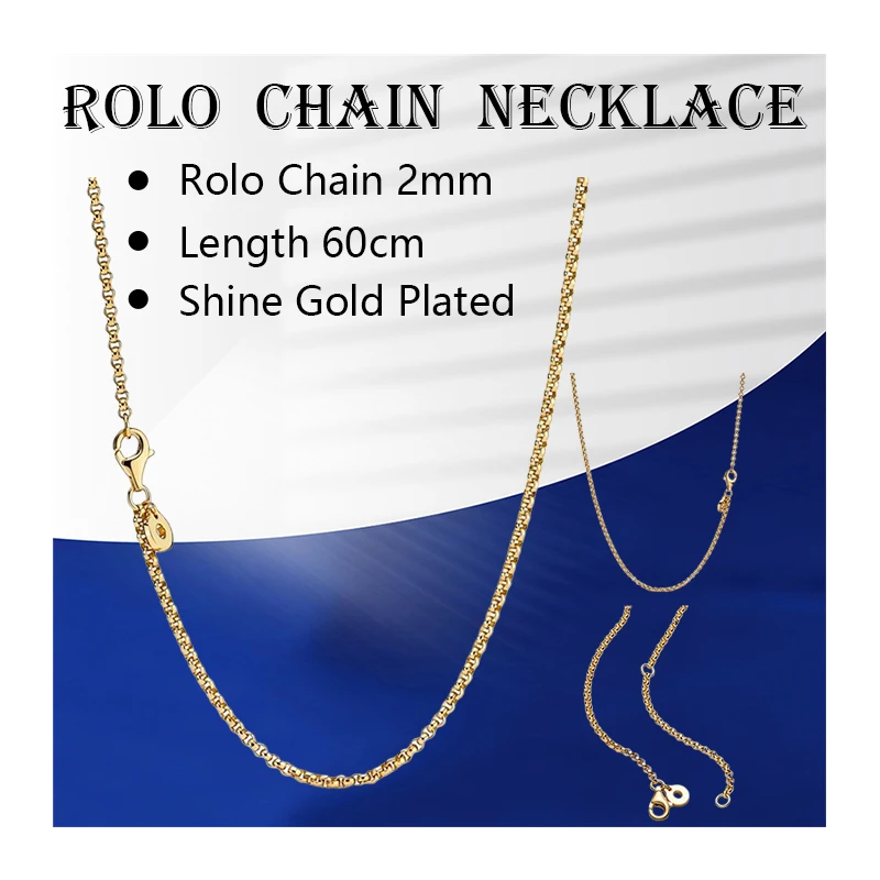 

60cm Long Rolo Chains Necklaces For Women Jewelry Shine Gold 925 Sterling Silver Lobster Clasp LOGO Circle Tag 3 Adjustable Ring