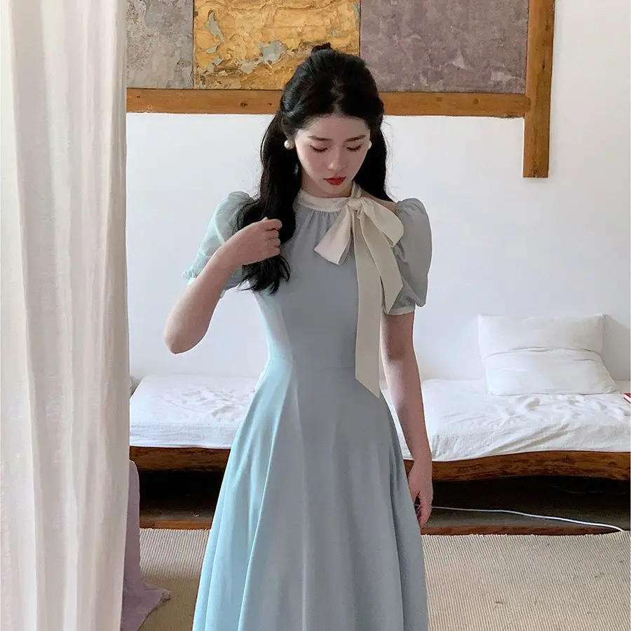 

2023 Summer Elegant Midi Dress Women Casual Short Sleeve Beach Even Party Dress Office Lady Pure Color One Piece Dress Korean