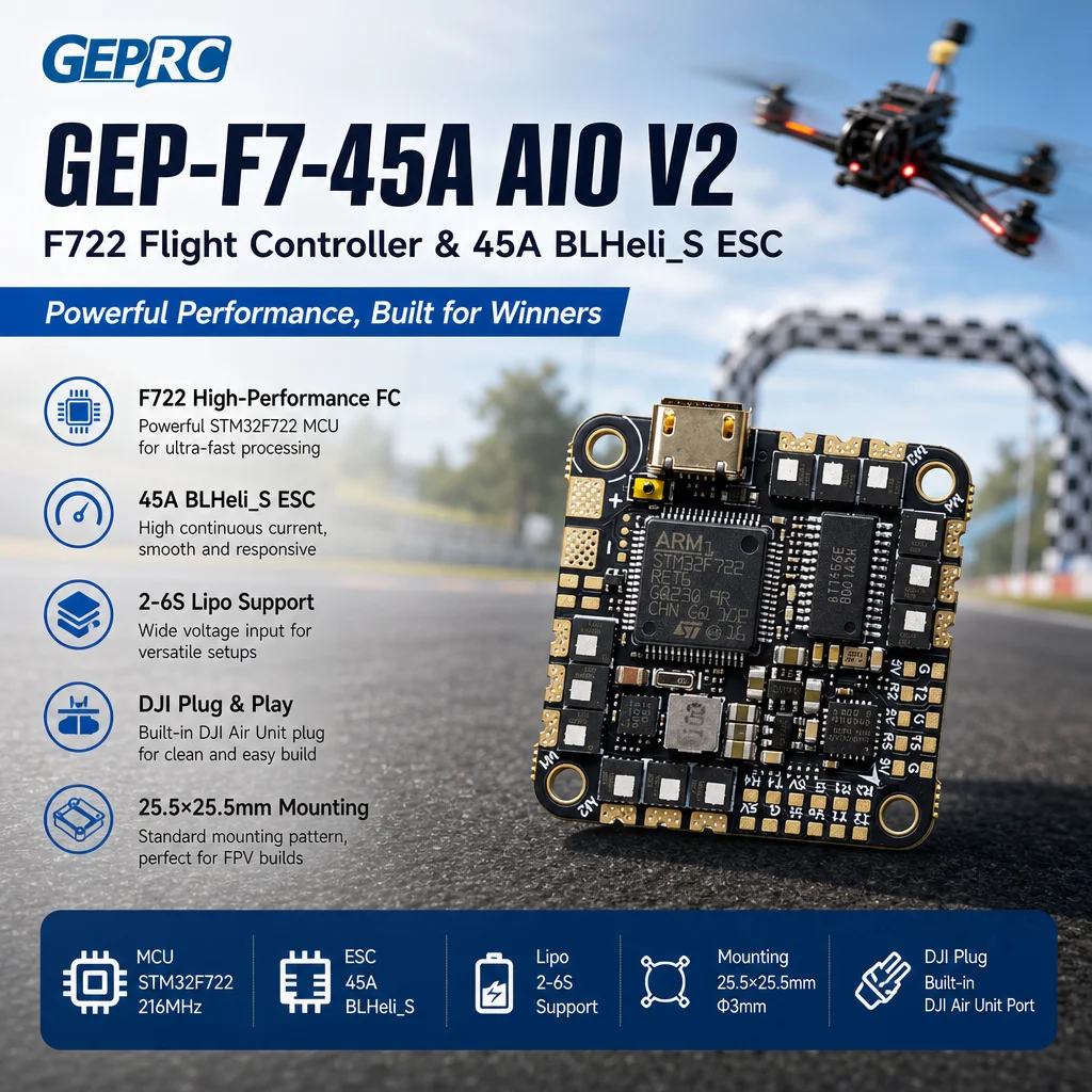 GEPRC GEP-F7-45A AIO V2 – F722 Flugcontroller & 45A BLHeli_S ESC 2-6S für DJI Plug FPV Drohne (25,5×25,5mm)
