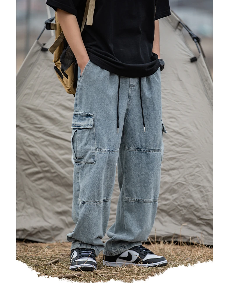 Double three-dimensional pocket jeans retro washed and patchwork straight leg loose pants joggers