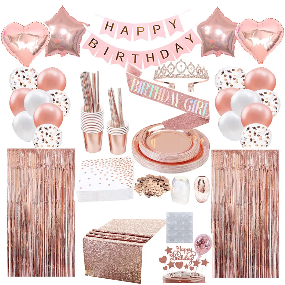 

Rose Gold HAPPY BIRTHDAY Queen Girl Party Decoration Serve 24 Tableware Kits with Banner Balloon Curtain for Kids Teens Women