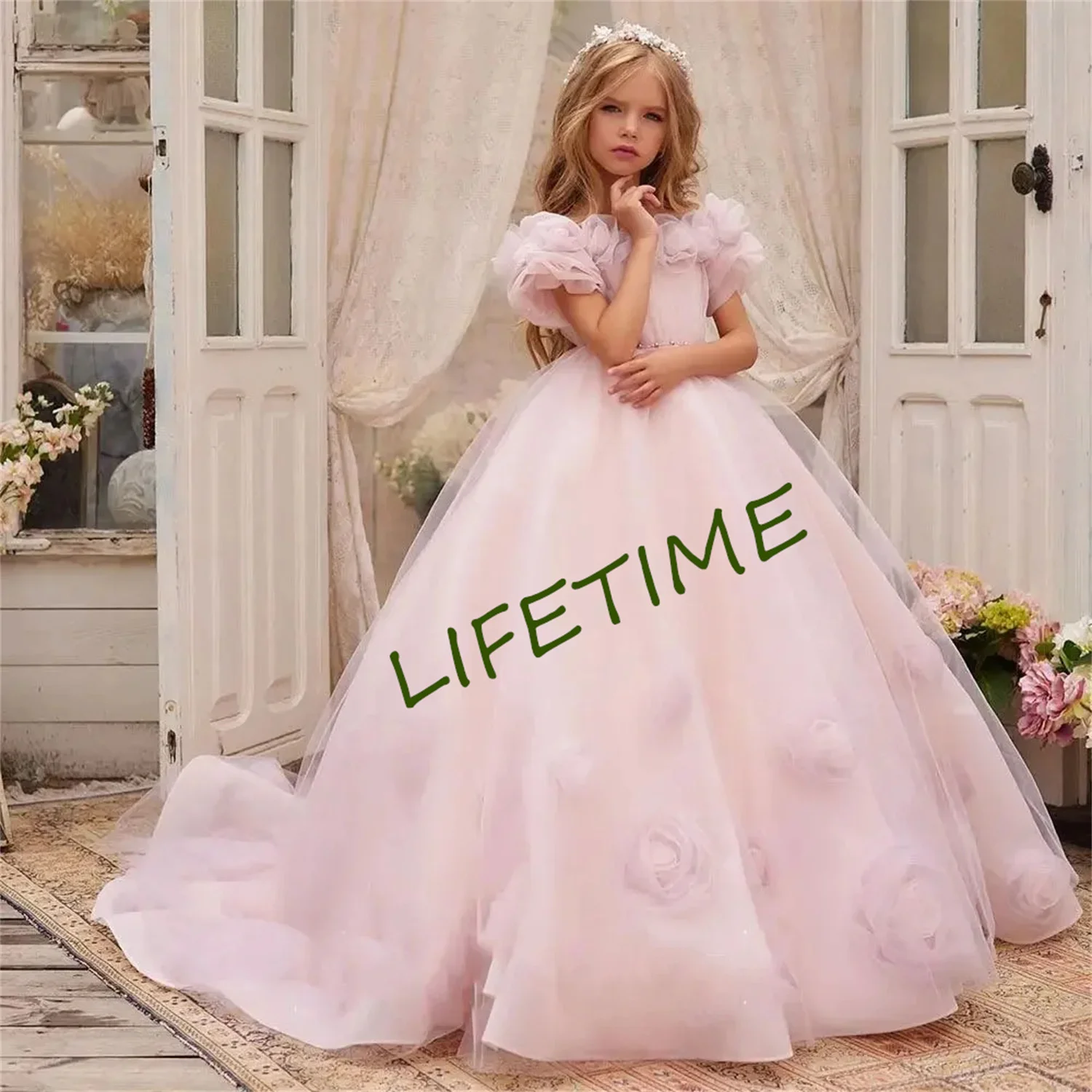 Light Pink Flower Girl Dress For Wedding Tulle 3d Applique Beading Fluffy Floor Length Child First Communion Ball Gowns