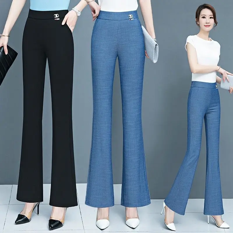 Simplicity Elegant Solid Women's Clothing Pocket Temperament Fashion Slim Casual Elastic Waist Spring Autumn Thin Flare Pants