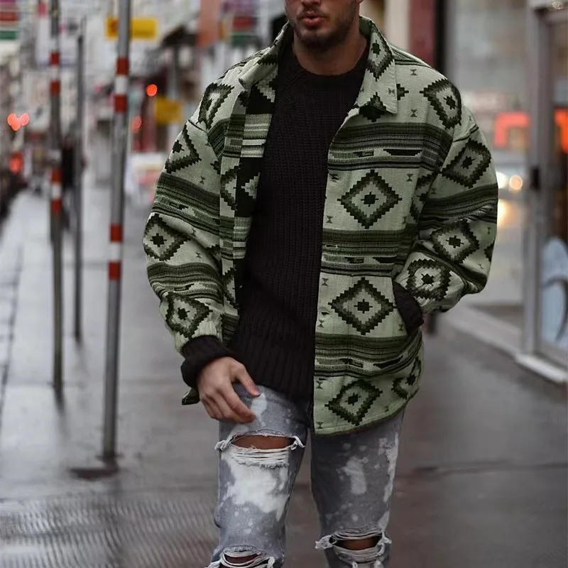 

Amazon cross-border men's coat spring Autumn 2023 new fashion street print geometric pattern lapel breasted jacket