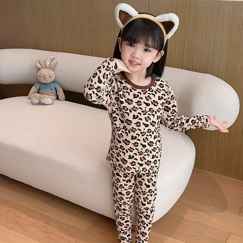Children's underwear set baby long johns winter girls leopard print floral loungewear pajamas two-piece set spring and autumn