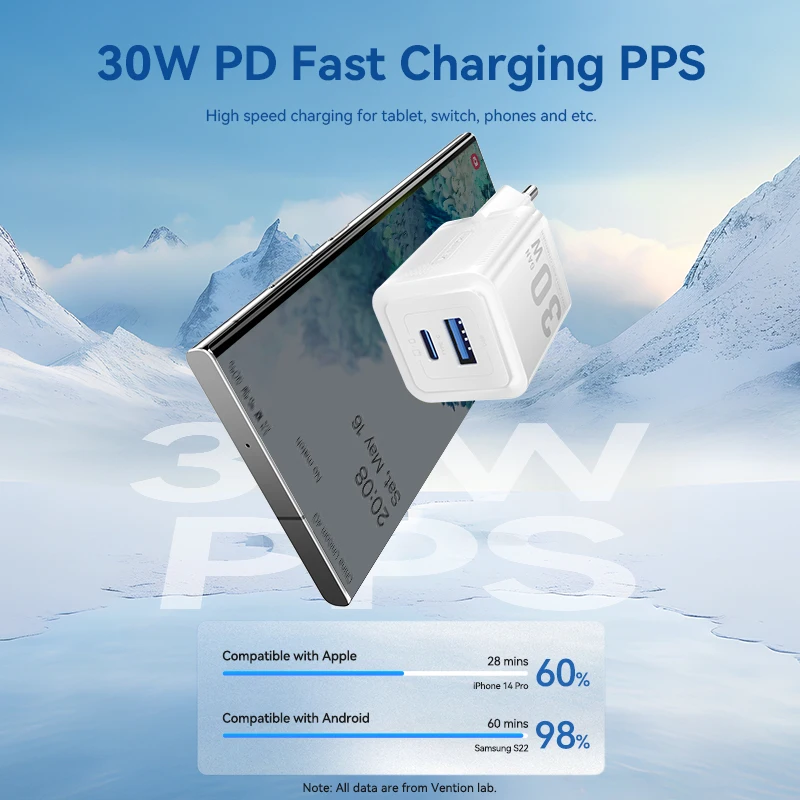 Vention GaN 급속 충전 4.0 3.0 C 타입 PD USB 충전기, 아이폰 15, 14, 13 프로 맥스, 노트북용 고속 충전기, 30W