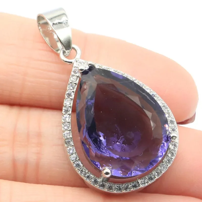 7g Real Customized 925 Solid Sterling Silver  PENDANT Drop Shape Iolite Smoky Violet Topaz Morganite Kunzite Violet Tanzanite CZ
