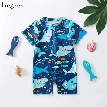 Tregren-캐주얼 상어 프린트 반팔 지퍼 점프 슈트 수영복 남녀 공용, 수영 비치웨어 여름