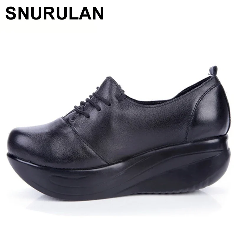 

SNURULAN Black Leather Women Toning Shoes 5CM Platform Lacing Loss Weight Swing ShoesPlus Size Women Sports ShoesE516