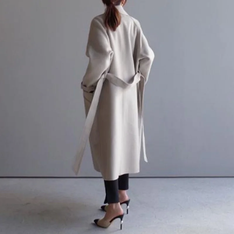 Color Korean Long Coat Retro Fashion Winter Women's Beige Elegant Wool Blended Solid Black Simple Wool Camel Oversized Coat