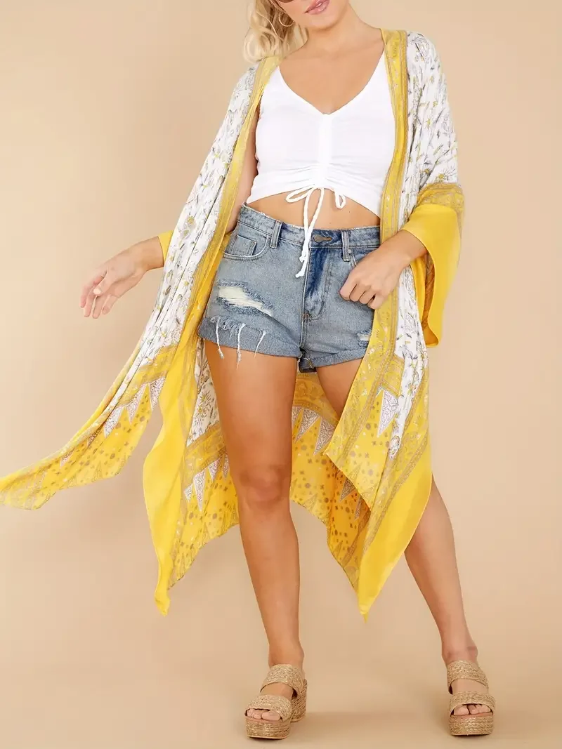 odoodem plus size boho cover up women's plus geometric print bat sleeve cover up robe