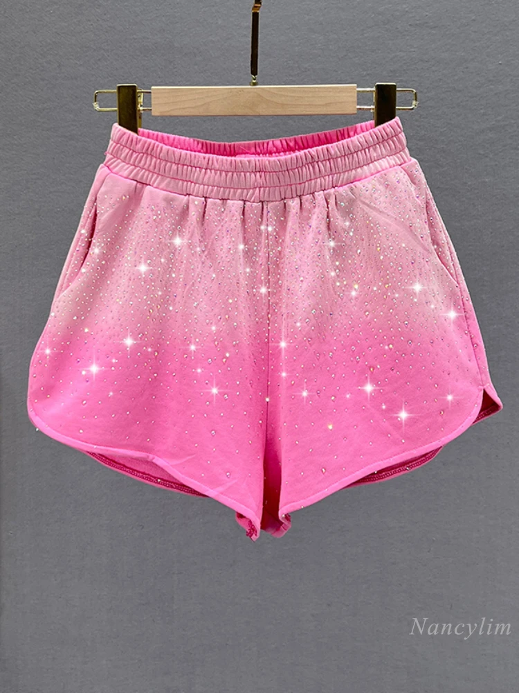 Casual Gradient Shorts Women's Summer 2024 New High Waist Loose and Slimming Heavy Embroidery Hot Drilling Wide Leg Hot Pants