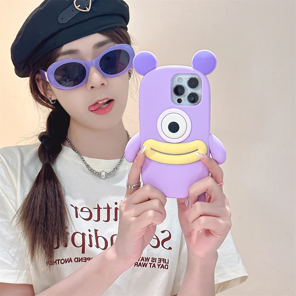 Korea Cute 3D one eye Purple Monsters silicon case for iphone 15Pro Max 11  12 13 14Pro Fun 3D Mouse Ear cartoon protection cover - AliExpress