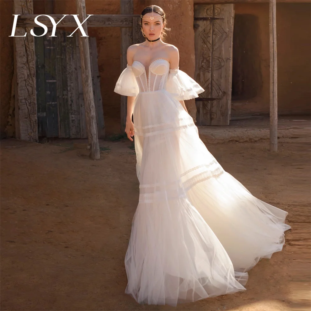 

LSYX Boho Off-Shoulder Tulle Detachable Sleeves A-Line Deep V-Neck Wedding Dress Illusion Lace Up Back Sweep Train Bridal Gown