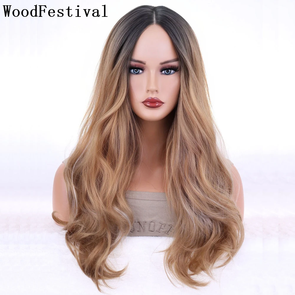 WoodFestival Synthetic Hair Wigs For Women Ombre Blonde Wig Cosplay Long Wavy Pink Black Blue Purple Red Grey Green Rainbow rainbow grey pink amber подсвечник m