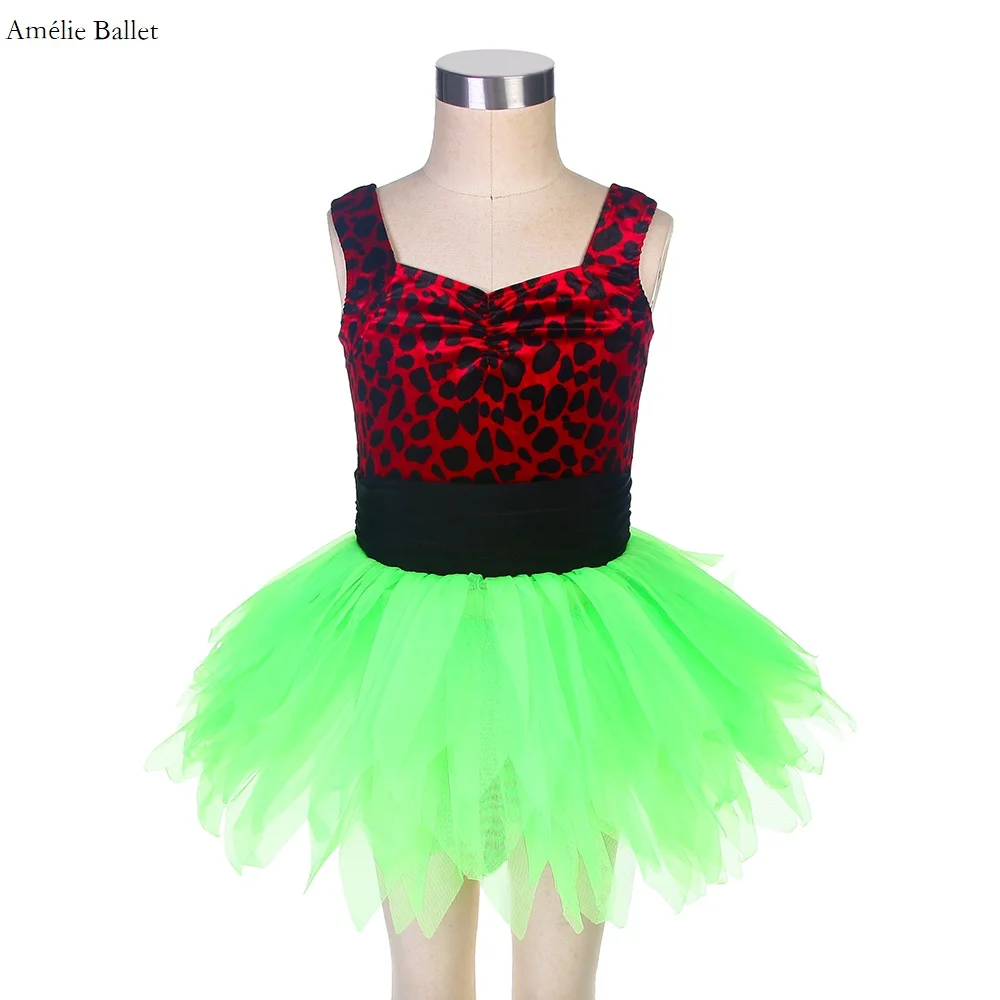 

18105 Red and Black Velvet Leotard Bodice with Green Tutu Skirt for Kids Jazz Ballet Dance Tutu Stage Show Performance Costume