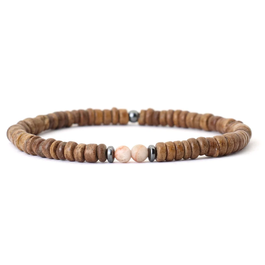 Natural Coconut Bead Mens Bracelet with Tiger Eyes Stone