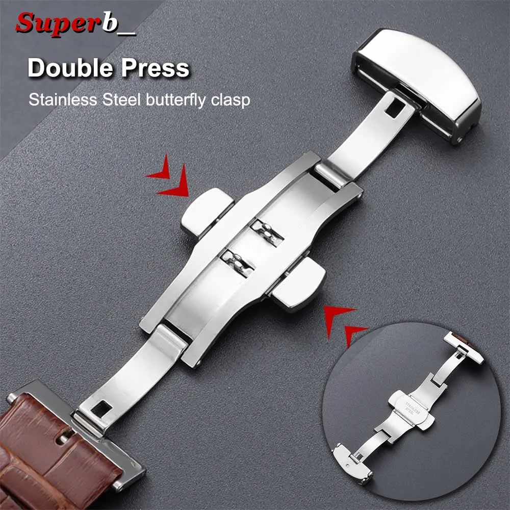 Elegant Genuine Leather Butterfly Clasp Watch Band with Premium Wooden Box