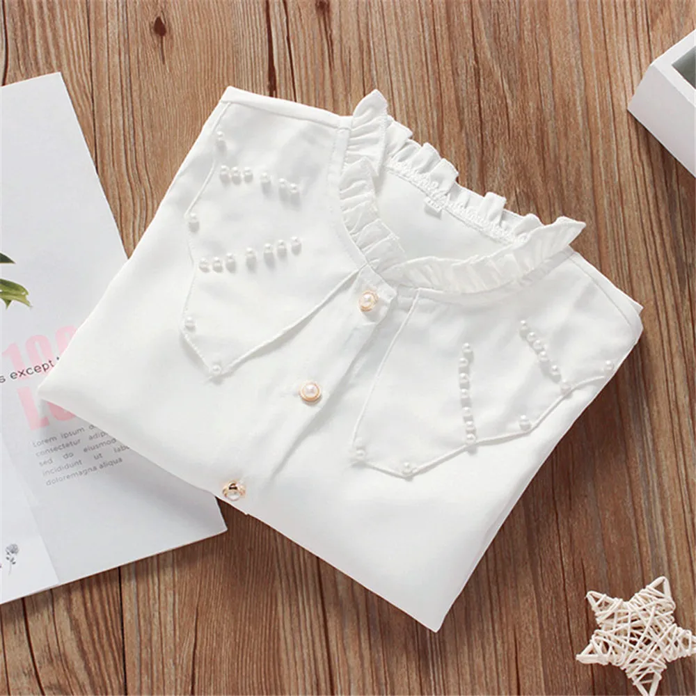 Spring Autumn Baby Toddler Teen Girls Lace White Blouse School Girl Shirt Long Sleeve Kids Shirts Tops Children Clothes