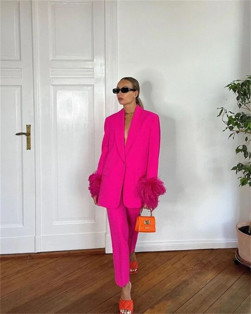

Luxury Barbiecore Pink Women Suits Pants Set 2 Pcs Ostrich Feather Jacket Office Lady Formal Party Prom Dress Женский костюм