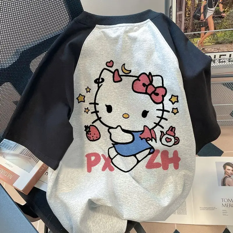

Kawaii Sanrio, Hello Kitty хлопковая летняя футболка для женщин Ретро мультфильм короткий рукав свободная версия ленивая стильная рубашка с коротким рукавом