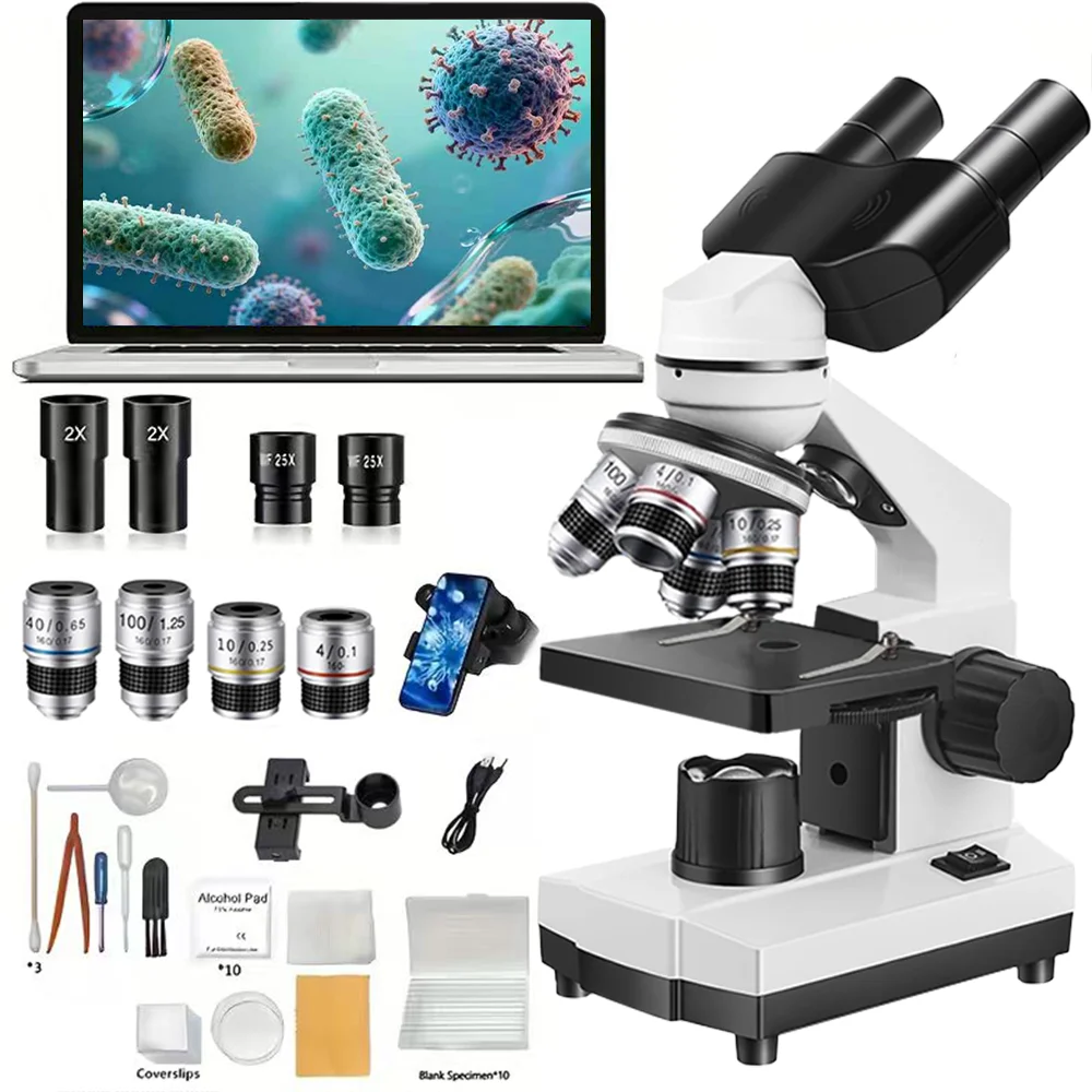 Microscópio Binocular 40X-2500X | Kit de microscópio de laboratório HD para pesquisa científica, educação escolar e uso doméstico