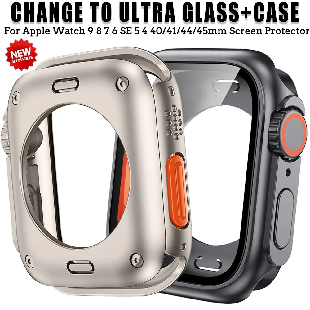 Apple Watch Screen Protector Case PC Case For Apple Watch Series 9 8 7 4 5 6 SE 45 44 Screen Protector Hard Shell Tempered Glass Change To Ultra 49mm cover Bumper