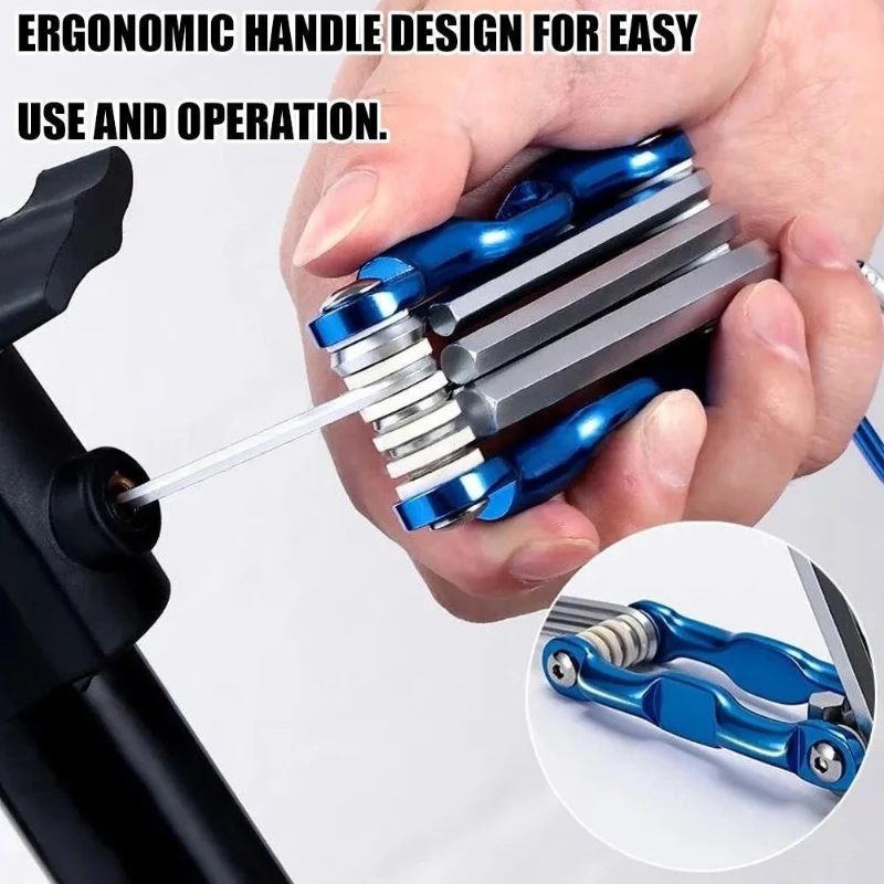 Clé hexagonale pliable professionnelle dépliée montrant les six embouts de différentes tailles