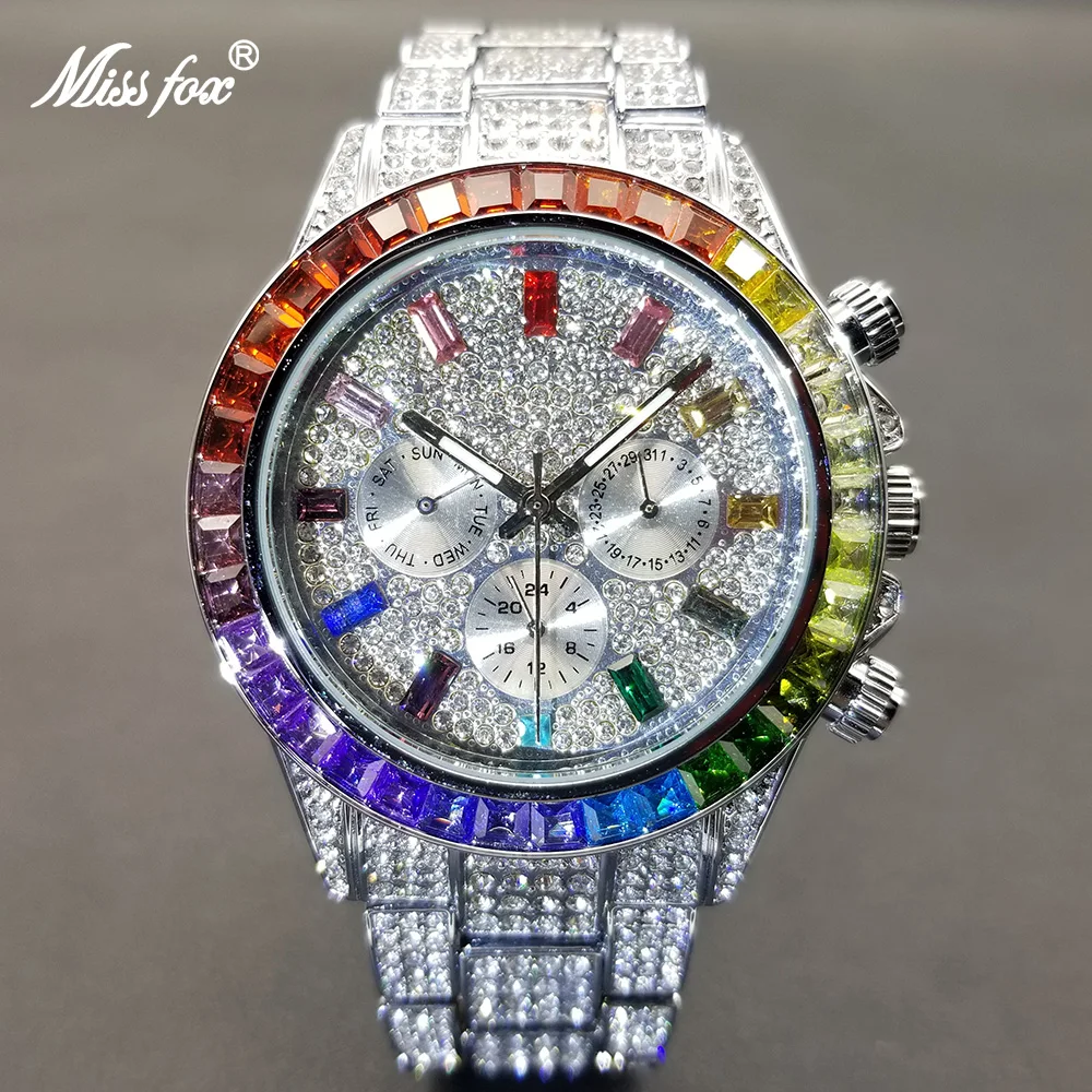 MISSFOX Hip Hop Men Watch Luxury Iced Out multicolor Diamond Watches Fashion Silver Stainless Steel Dive Week Display Clock 2022