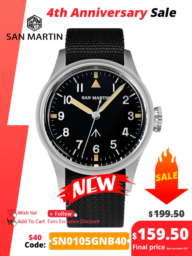 Orologio Da Pilota Da Uomo San Martin Nh35 Cinturino Meccanico Automatico In Nylon 38.5Mm Semplice Militare Flieger Zaffiro Impermeabile Luminoso