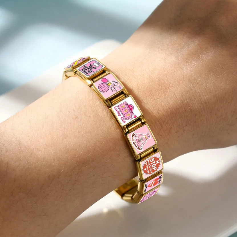 Rosa Geld-Liebes-Glücks-und-Schönheits-Anhänger im italienischen Stil, passend für 9mm Edelstahlketten für Damen, DIY-Perlen, Modeschmuck – Detail 5