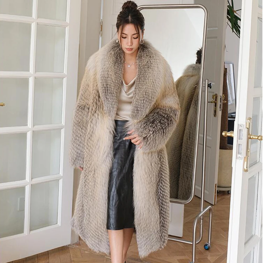 

Женское пальто Denny & Dora из лисьего меха, Женское зимнее пальто, Женское пальто с воротником с лацканами, длинное пальто