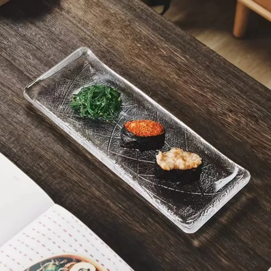 Japanese transparent glass long plate household palm print sushi plate sashimi cooking condiment dish tableware