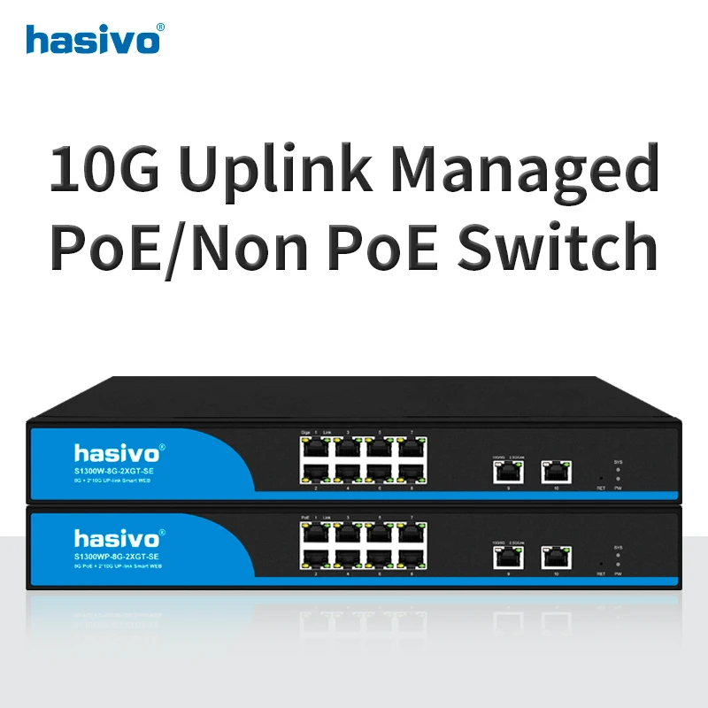 Hasivo 웹 관리 기가비트 PoE 또는 PoE 없음 이더넷 스위치, 8 기가비트 RJ45 플러스, 10gbps RJ45 업 링크 네트워크 스위치 