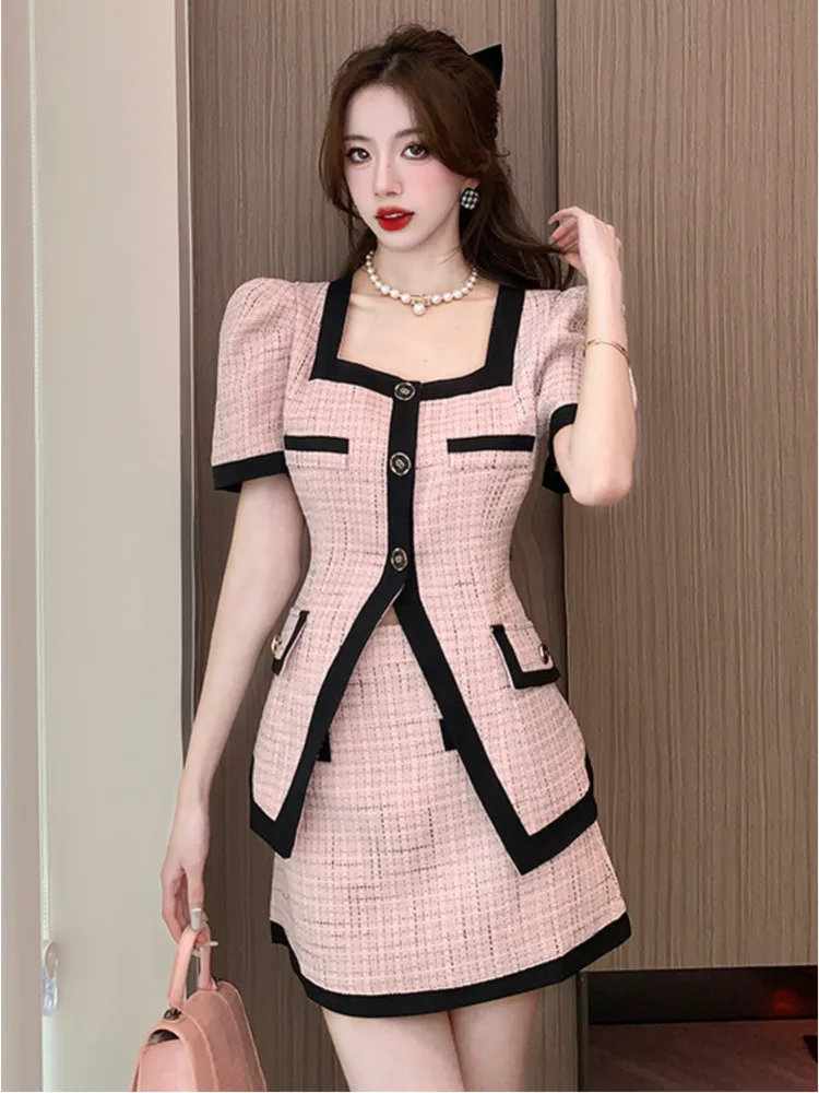 

Summer New Women Casual Professional Wear 2 Pieces Set Color Block Short Sleeve Coat + Pencil Skirt Korean Simple Skirt Suit