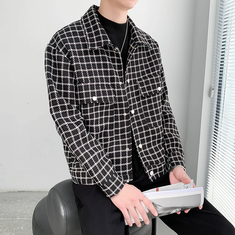 

Spring Autumn Men Coat Turn-down Collar Cotton Blend Long Sleeve Plaid Buttons Coat Casual Loose Streetwear Man Clothes M42