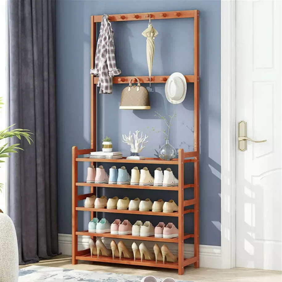 5 Tiers Bamboo Shoe Storage Rack Shoe Coat Rack Organiser with 8 Hooks