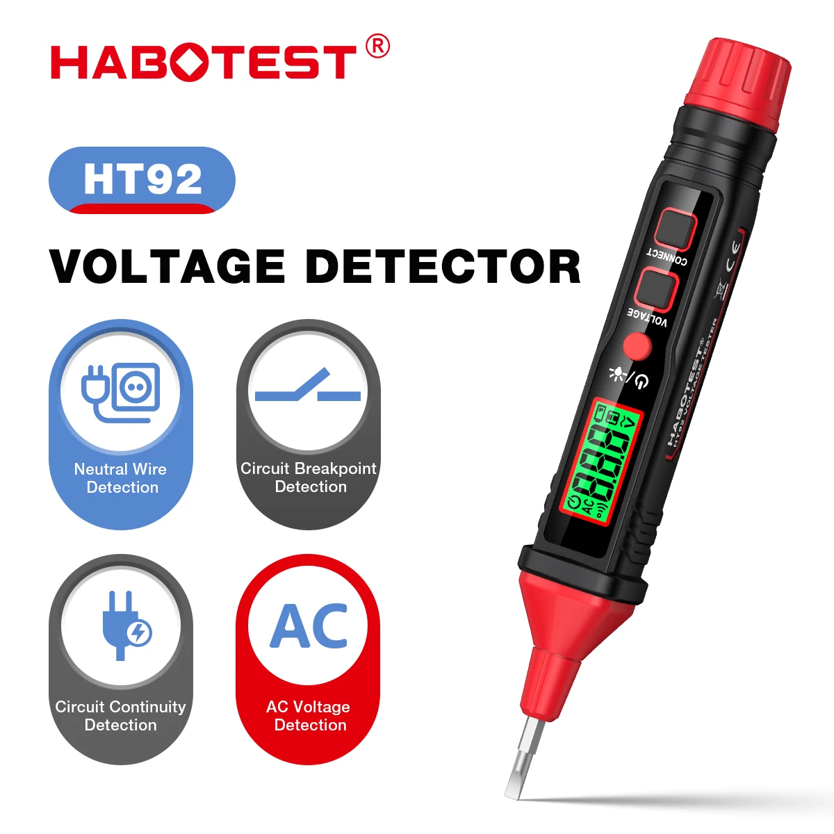 HABOTEST Pen Type Voltage Tester HT92, AC 12 300V pencil voltage detector indicator flashlight sensitivity AC voltage tester