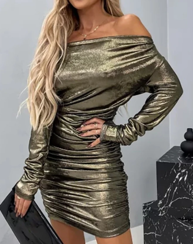 

Woman Sexy Off Shoulder Ruched Metallic Party Dress Temperament Commuting Female Long Sleeve Simple Mini High Waist Dresses