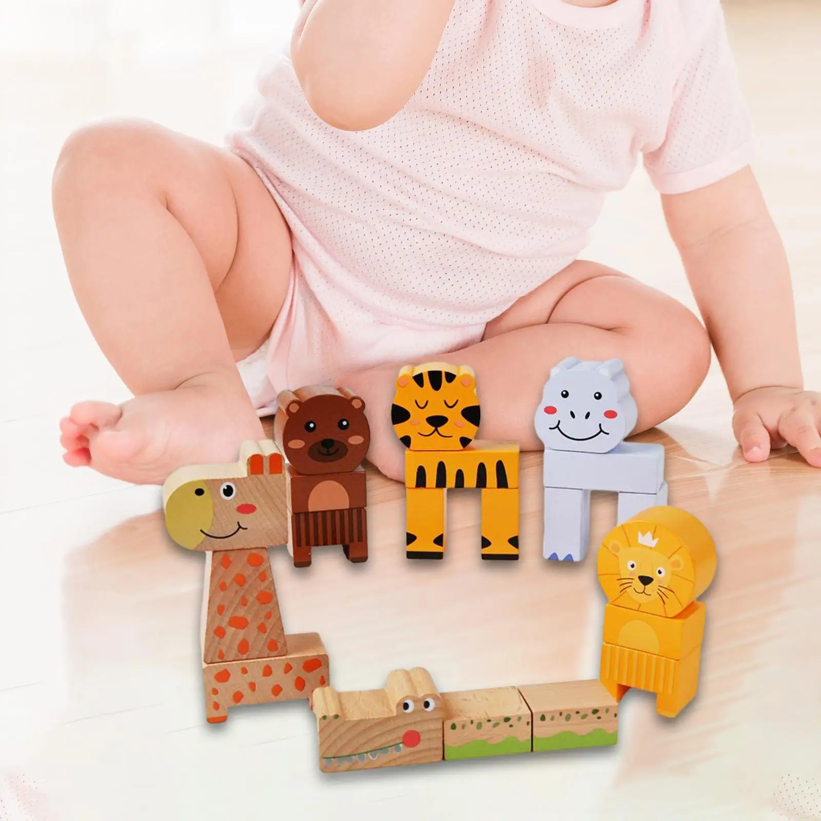 Animal Stacking Building Blocks Puzzle Toys Wooden Animals Stacking Blocks for Boys Girls 3 4 5 6 Years Old Kids Children Gifts