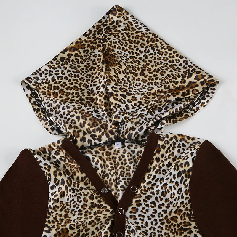 Button V Neck Slim Leopard Hooded Tee Contrast Patchwork Long Sleeve American Retro Y2K Basic T Shirt Women Aesthetic Clothes
