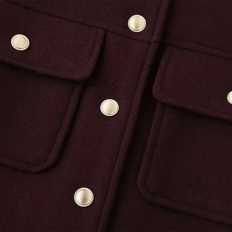 Burgundy Color Woolen Jacket For Women Stand Collar Single Breasted Pocket Thick Short Coat Autumn Lady Commute Outwear New