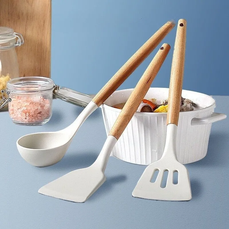 3Pcs Kitchen Silicone Pot Spoon Spatula with Wooden Handle Non-stick Kitchenware Utensils