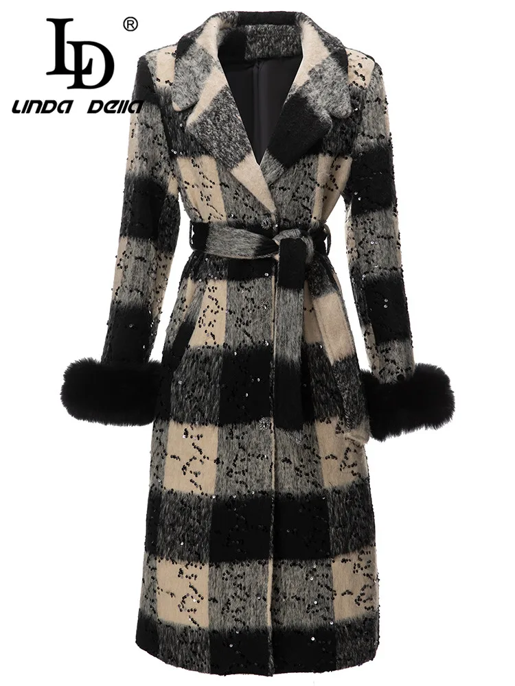 

LD LINDA DELLA Winter New Style Fashion Designer Coat Women's Lapel Single-breasted Sequin Striped Splice Loose woolen Coat