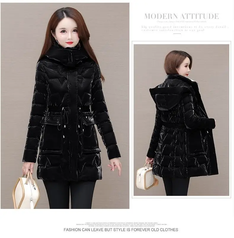 New Women's Down Cotton Coat Winter Warm Jacket Long Thick Bright Face Wash Padded Jackets Female Hooded Parker Overcoat Red 5XL