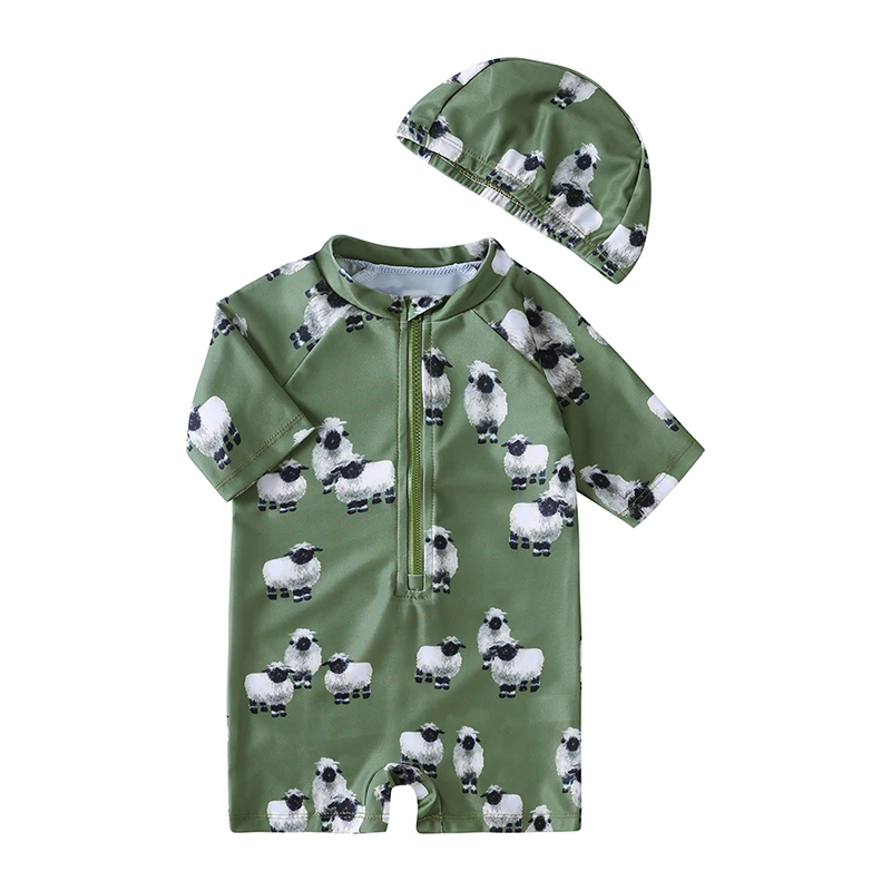 Kids Quick-Drying Swimsuit with Swim Caps Baby Boy Short Sleeve Sunscreen Print One-Piece Bathing Suit Beachwear UPF50+