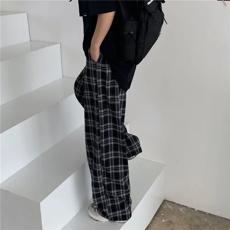 Black and Pink Plaid Pants Oversize New Women Casual Loose Wide Leg Pants Ins Retro Teenagers Straight Trousers Hiphop Streetwea cargo pants for women