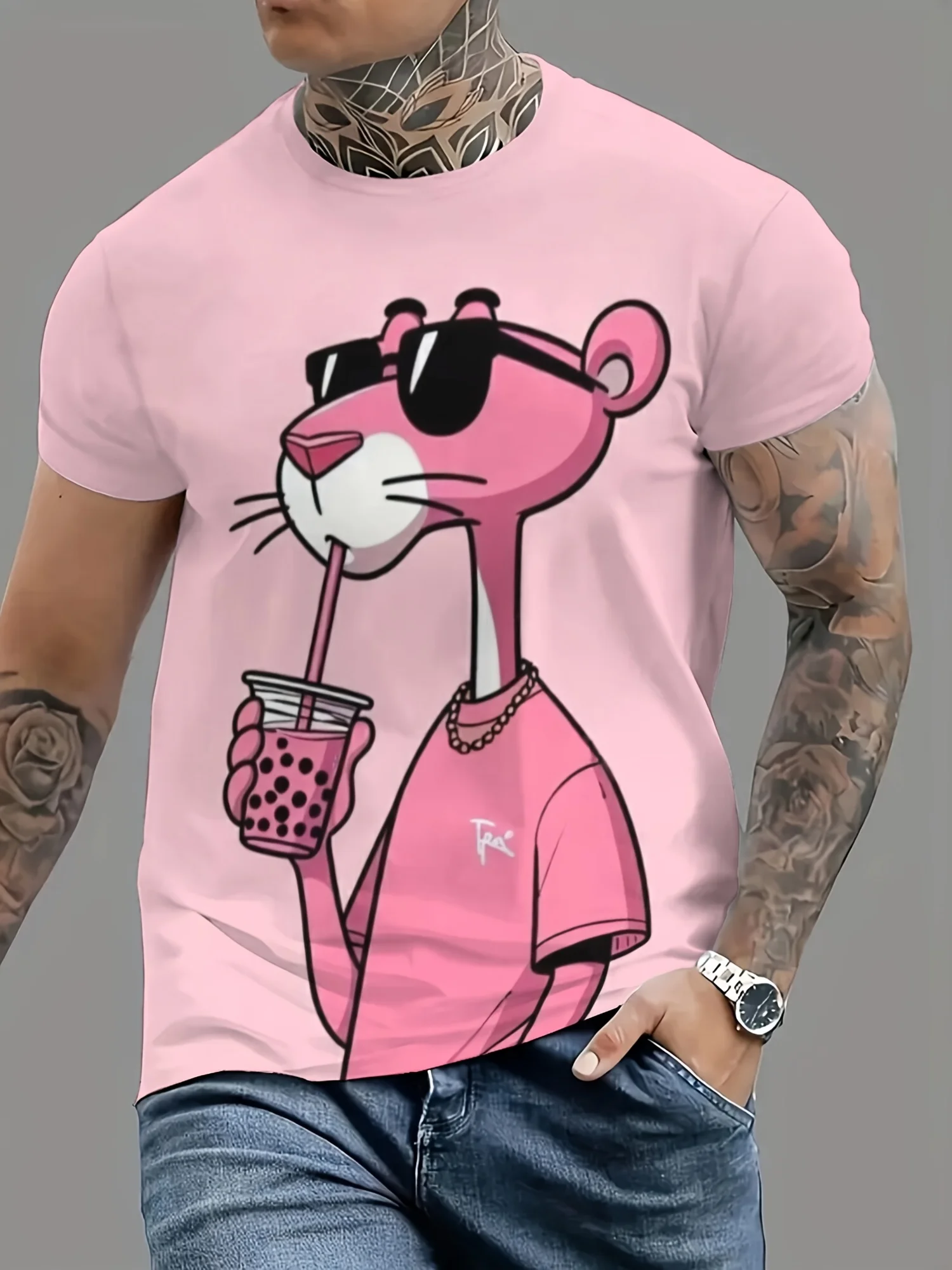 Summer New Mens T-shirts Cartoon Pink Panther Print Short Sleeve O-neck Tees Casual Loose Daily Sports Oversized Unisex Tops 1