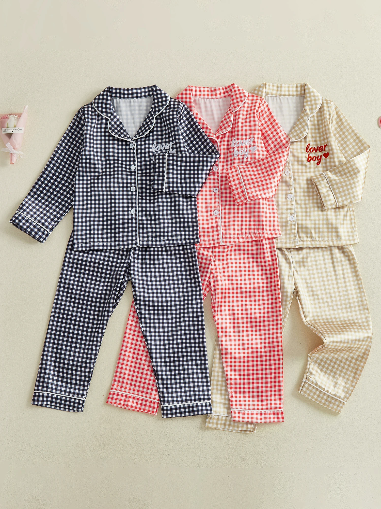 Stylish Toddler Boys Valentine s Day Pajama Sets Featuring Plaid Lapel V-Neck Long Sleeve Tops and Pants for a Trendy